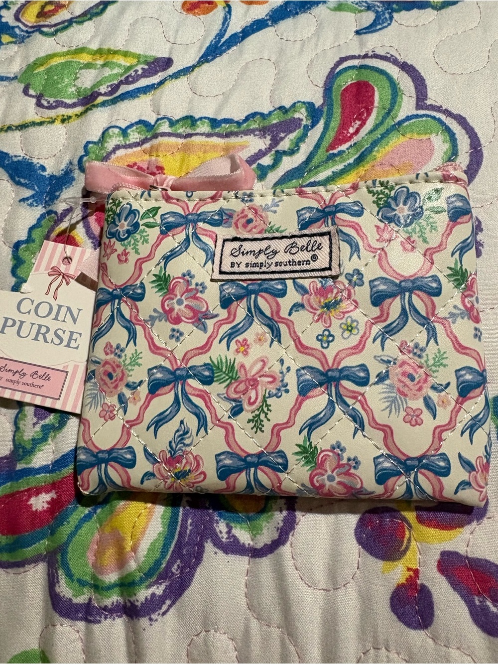 Simply Belle Quilted Coin Purse - Pink & Blue Floral Bow